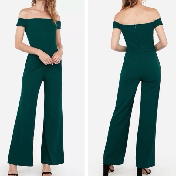 EXPRESS DEEP TEAL OFF THE SHOULDER WIDE LEG JUMPSUIT W/ POCKETS Small - Picture 1 of 4